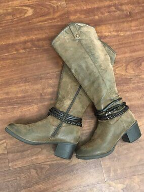 NICOLE Womens Sz 5.5 Distressed Brown Leather Tall Riding Boots Side Zip Braided